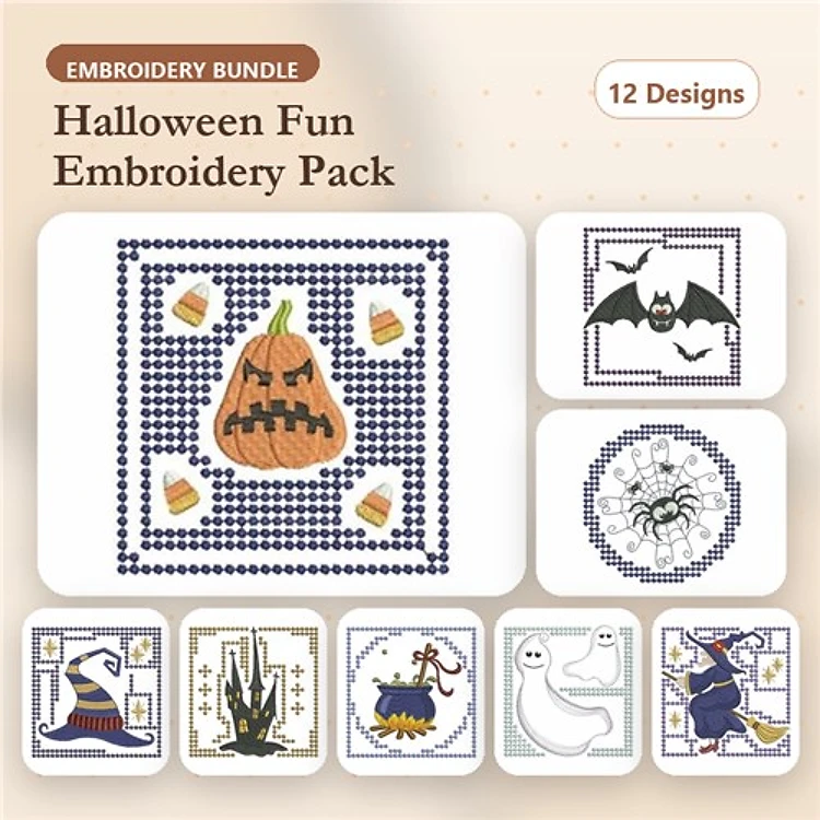 Halloween Embroidery Designs Bundle – Jack-O'-Lantern, Bat, Spider & More (12 Designs)