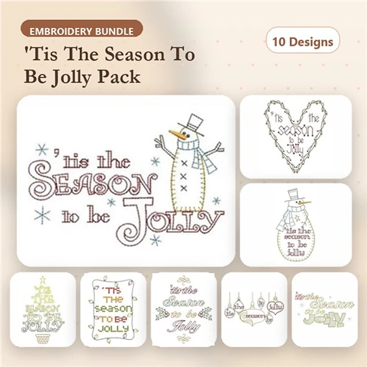 Redwork 'Tis the Season to Be Jolly Embroidery Designs Bundle – Snowman, Christmas Tree, Holiday Wishes & More (10 Designs)