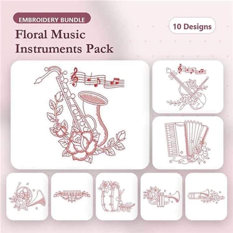 Redwork Floral Musical Instruments Embroidery Designs Bundle – Saxophone with Flowers, Floral Trumpet & More (10 Designs)