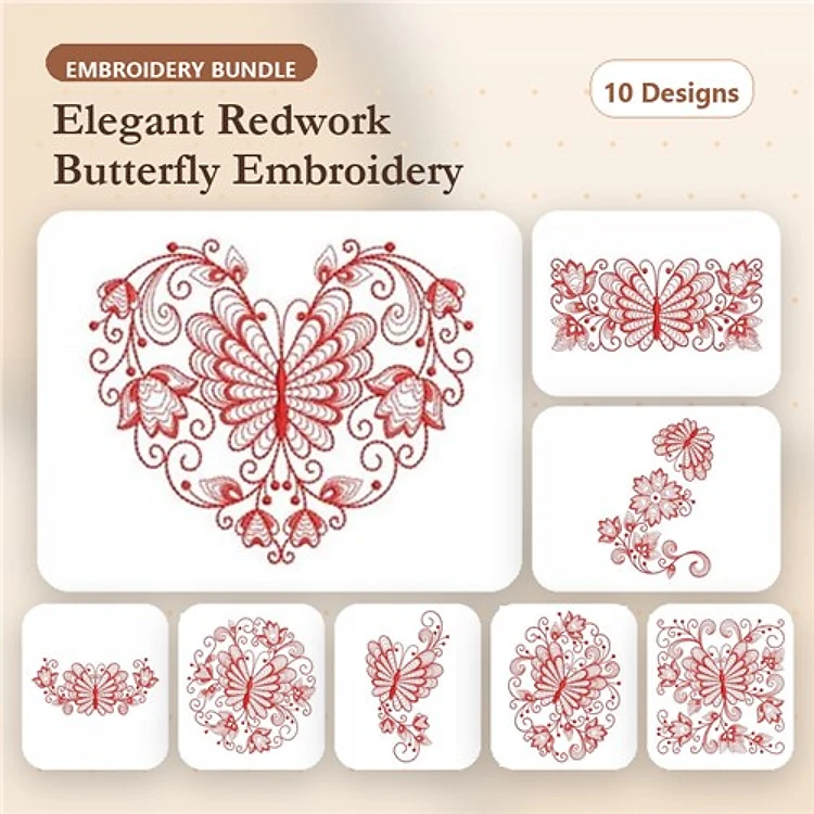 Redwork Butterfly Embroidery Designs Bundle – Butterfly Heart, Floral Butterfly, Decorative Butterfly & More (10 Designs)