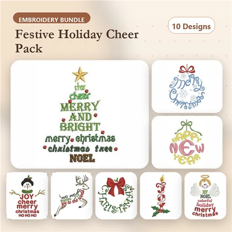 Festive Holiday Cheer Embroidery Designs Bundle – Christmas Tree, Reindeer, Merry Christmas Text & More (10 Designs)