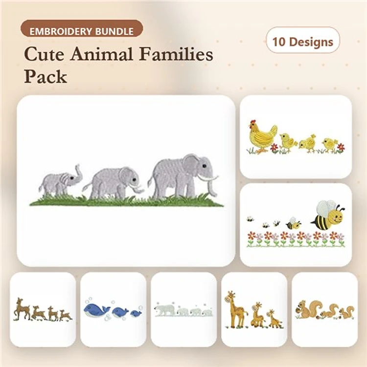 Cute Animal Families Embroidery Bundle – Elephant Family, Chickens and Chicks, Bee with Flowers & More (10 Designs)