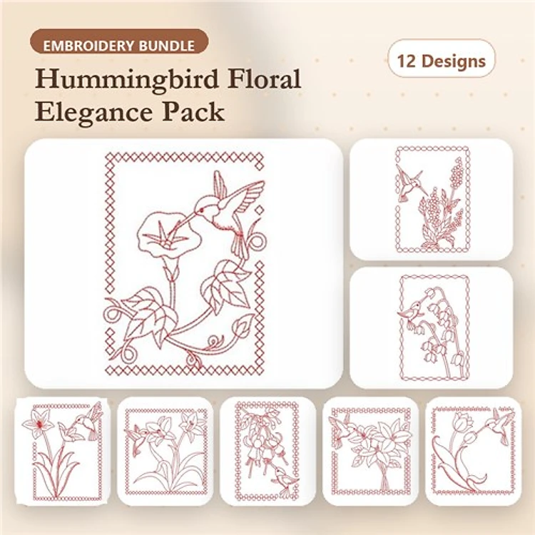Redwork Hummingbird & Floral Embroidery Designs Bundle – Hummingbird with Flower, Ornate Floral Frame, & More (12 Designs)