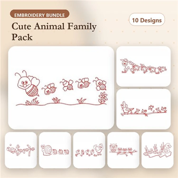 Redwork Cute Animal Family Embroidery Bundle – Bumblebee, Frogs on a Log, Bunny in Grass & More (10 Designs)