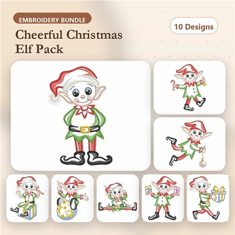 Cheerful Christmas Elf Embroidery Bundle – Elf with Gifts, Elf with Candy Cane, Elf with Ornament & More (10 Designs)