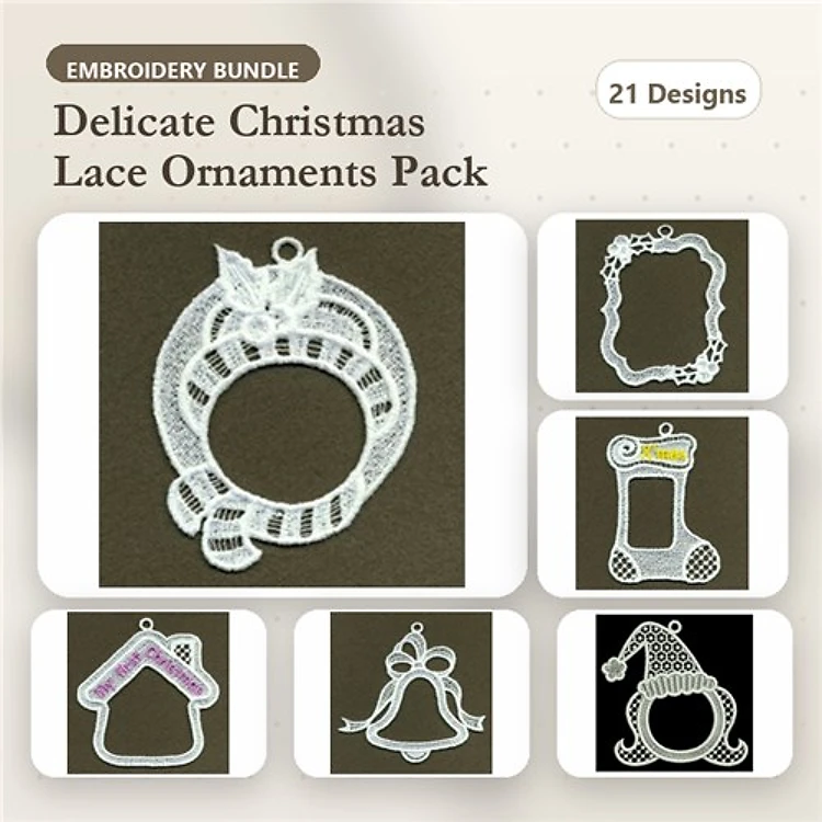FSL Christmas Lace Ornaments Embroidery Designs Bundle – Candy Cane, Stocking, Bell & More (21 Designs)