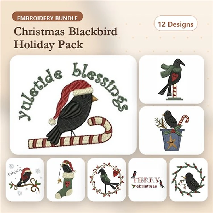 Christmas Blackbird Embroidery Designs Bundle – Blackbird with Candy Cane, Christmas Hat, Stocking & More (12 Designs)