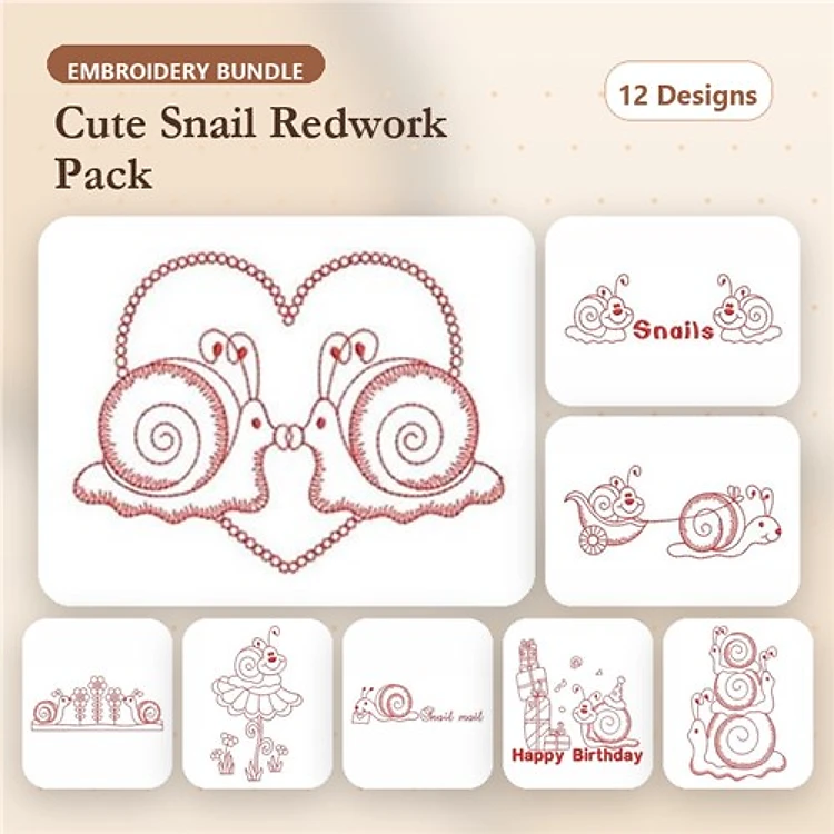 Redwork Cute Snail Embroidery Bundle – Kissing Snails, Snail with Flower, Happy Birthday Snail & More (12 Designs)