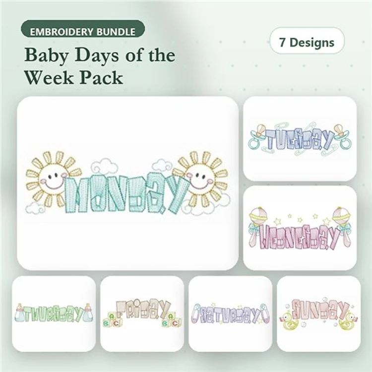 Days of the Week for Babies Embroidery Designs Bundle – Monday with Sun, Tuesday with Clouds, Wednesday with Rainbows, & More (7 Designs)