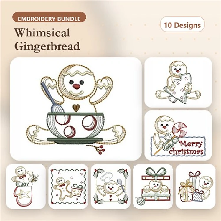 Gingerbread Chef & Christmas Cheer Embroidery Bundle – Gingerbread Cookie with Heart, Santa Gingerbread & More (10 Designs)