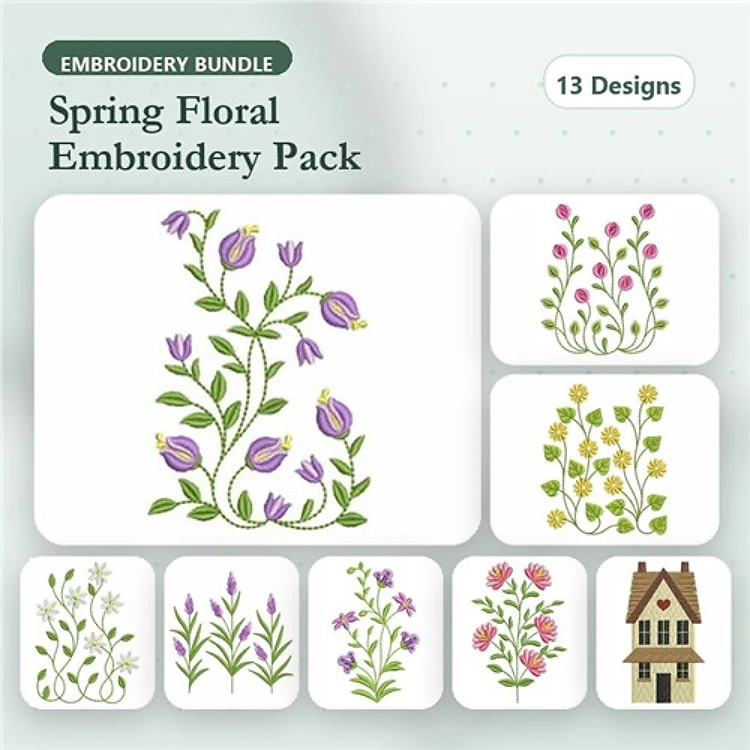 Spring Floral Embroidery Designs Bundle – Floral Vine, Pink Rose, Tulip Arrangement & More (13 Designs)