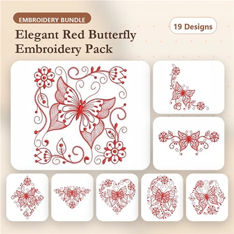 Redwork Elegant Butterfly Embroidery Bundle – Butterfly with Flowers, Heart with Butterfly, Floral Heart & More (19 Designs)