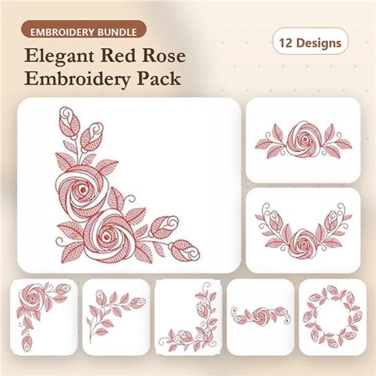 Redwork Elegant Rose Embroidery Bundle – Rose Corner, Rose Swag, Rose Border & More (12 Designs)