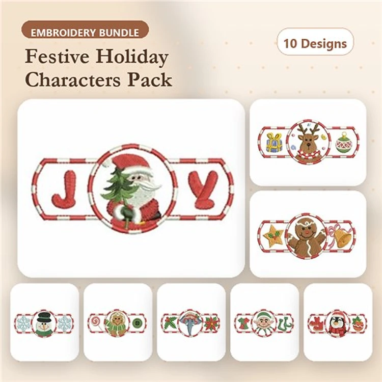 Festive Holiday Characters Embroidery Designs Bundle – Joyful Christmas Elf, Santa Claus, Christmas Reindeer & More (10 Designs)