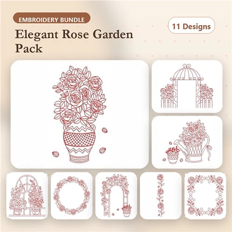 Redwork Elegant Rose Garden Embroidery Bundle – Rose Bouquet in Vase, Garden Arbor with Roses, Flower Pot with Roses & More (11 Designs)
