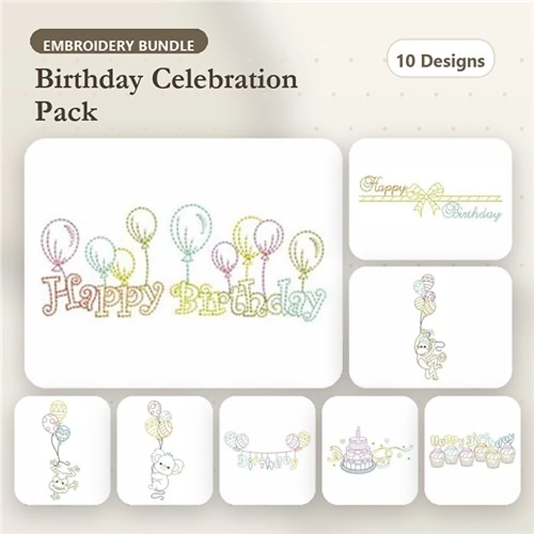 Redwork Birthday Celebration Embroidery Designs Bundle – Happy Birthday with Balloons, Birthday Cake, Party Hat & More (10 Designs)