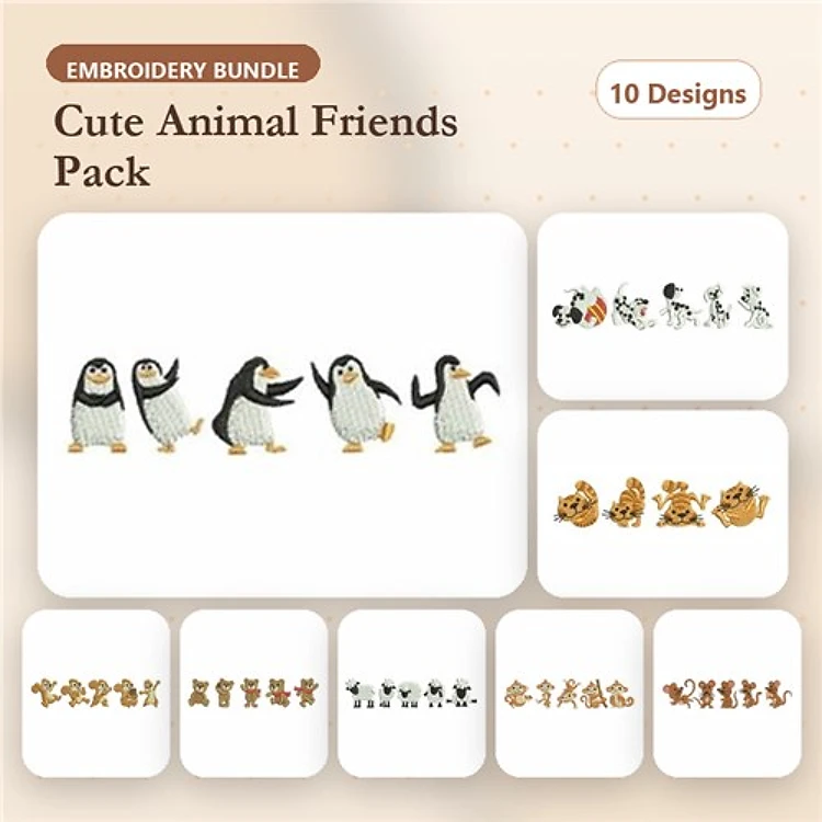Penguin & Animal Friends Embroidery Bundle – Cute Animal Designs (10 Designs)