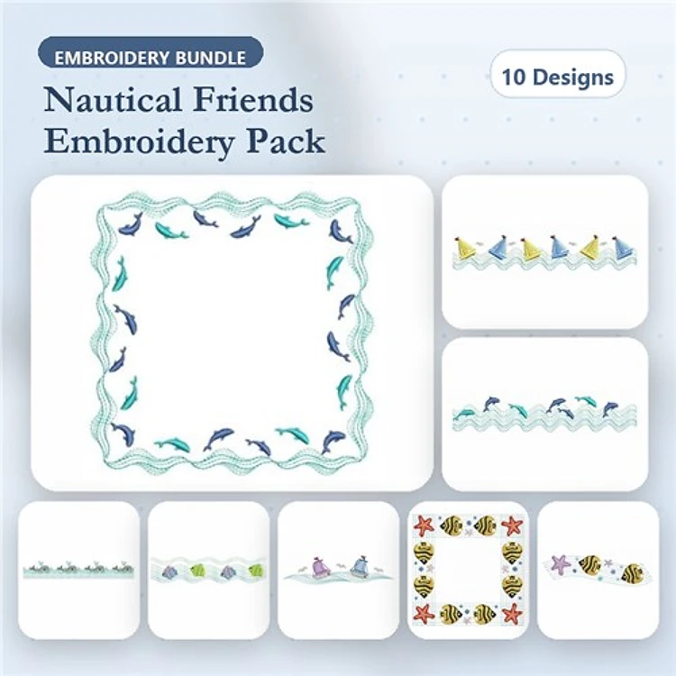 Nautical Aquatic Life Embroidery Designs Bundle – Dolphin, Fish, Starfish, Crab & More (10 Designs)