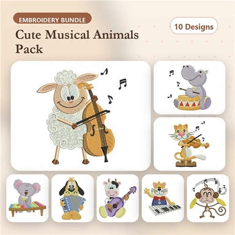 Cute Musical Animals Embroidery Bundle – Adorable Creatures (10 Designs)