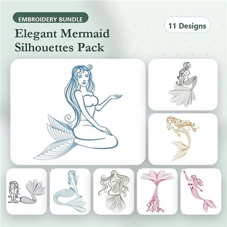 Rippled Elegant Mermaids Embroidery Designs Bundle – Sitting Mermaid, Mermaid with Hair Flow, & More (11 Designs)
