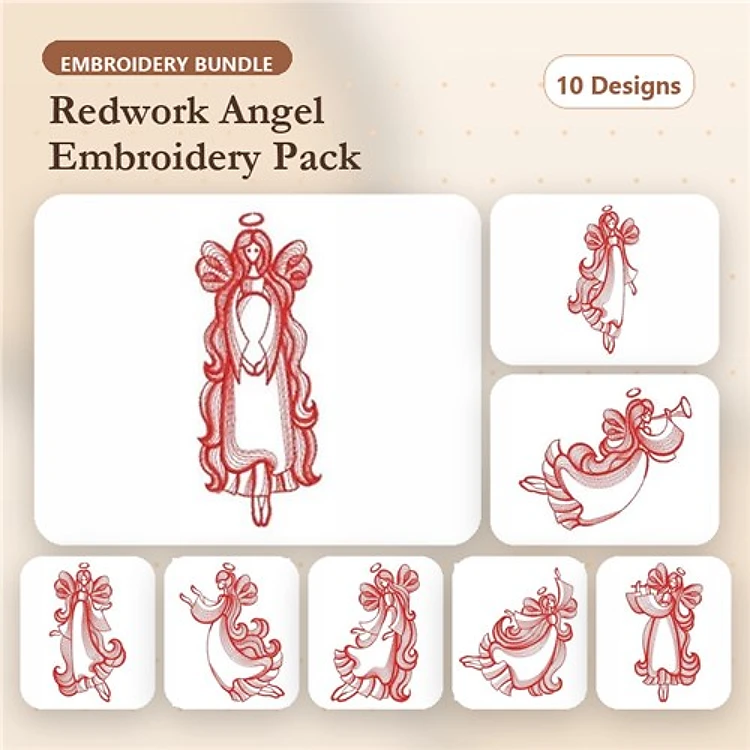 Redwork Angel Embroidery Designs Bundle – Angel with Bow, Angel Playing Trumpet, Angel Praying & More (10 Designs)