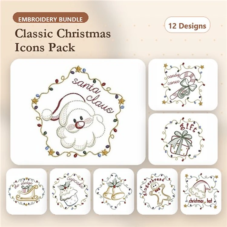 Redwork Classic Christmas Icons Embroidery Designs Bundle – Santa Claus, Snowman, Reindeer & More (12 Designs)