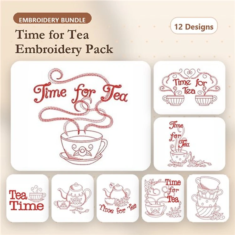 Redwork Tea Embroidery Designs Bundle – Time for Tea, Teapot with Cup, Cup with Flowers & More (12 Designs)