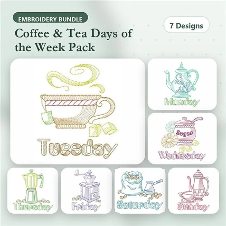 Redwork Coffee & Tea Embroidery Bundle – Monday Tea Pot, Tuesday Coffee Cup, Friday Tea Set & More (7 Designs)