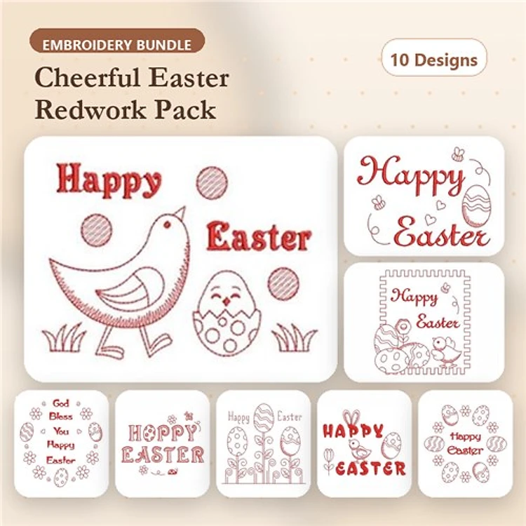 Redwork Easter Embroidery Designs Bundle – Happy Easter Bird, Easter Bunny with Egg, & More (10 Designs)
