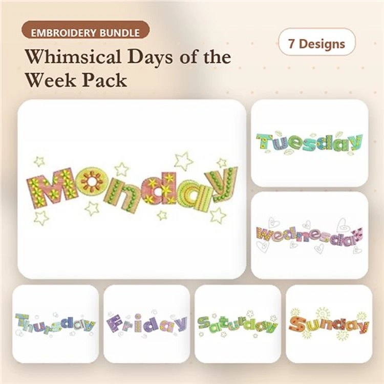 Days of the Week Embroidery Designs Bundle – Monday, Tuesday, Wednesday, Thursday & More (7 Designs)