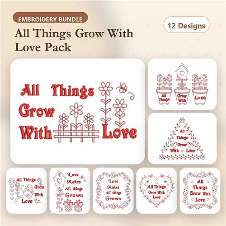 Redwork Gardening & Love Embroidery Designs Bundle – All Things Grow With Love, Flower Pot with Flowers, Kale with Love Text & More (12 Designs)