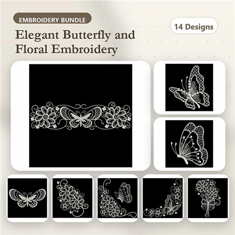Redwork Butterfly & Floral Embroidery Designs Bundle – Butterfly with Flowers, Floral Butterfly Design, & More (14 Designs)