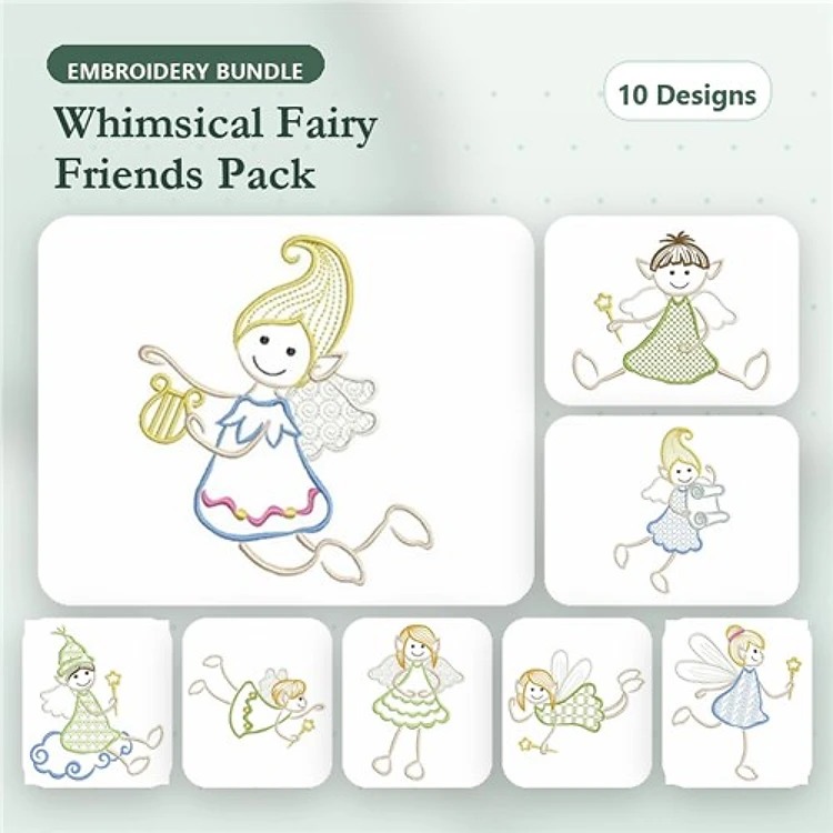 Redwork Fairy Characters Embroidery Bundle – Fairy Girl with Basket, Fairy in Blue Dress, Fairy Girl with Wand & More (10 Designs)