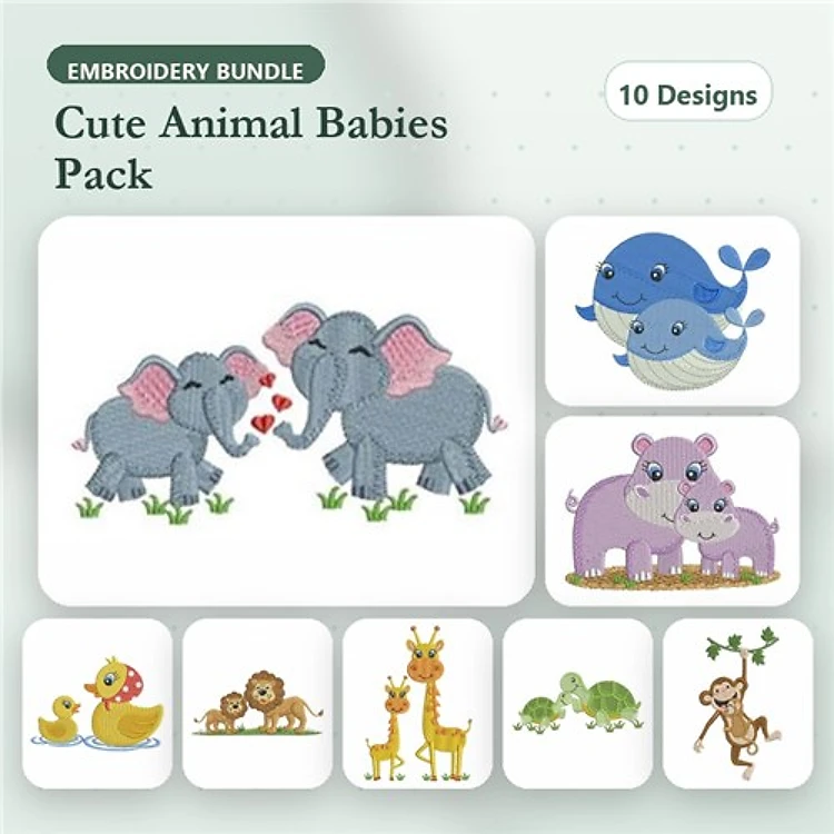 Cute Animal Babies Embroidery Bundle – Elephants, Whales, Hippos, Rubber Duck & More (10 Designs)