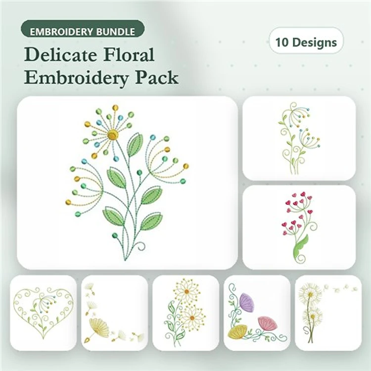 Delicate Floral Embroidery Designs Bundle – Floral Spray with Berries, Heart with Floral Motif, Sunflower with Leaves & More (10 Designs)