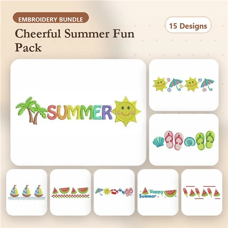 Cheerful Summer Embroidery Designs Bundle – Palm Tree, Sun with Sunglasses, Beach Sandals & More (15 Designs)