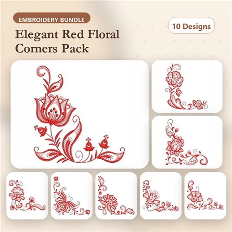 Redwork Floral Corner Embellishments – Elegant Red Floral Corner with Birds, Large Red Flower Corner & More (10 Designs)