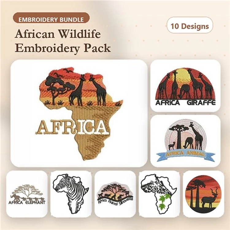 African Wildlife Embroidery Bundle – Africa Map with Giraffes, African Elephant, Zebra Silhouette & More (10 Designs)