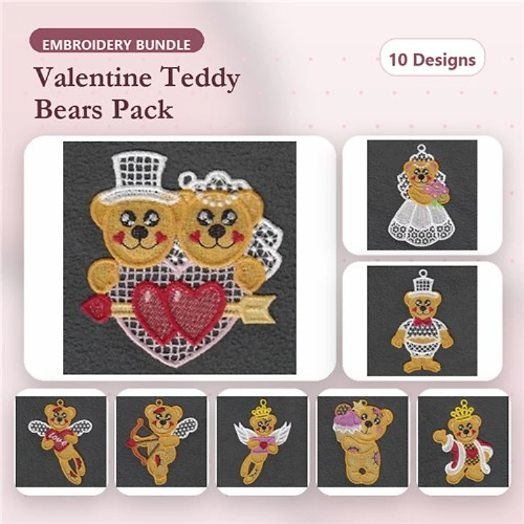 FSL Valentine Teddy Bears Embroidery Designs Bundle – Couple with Heart, Bride & Groom, Cupcake & More (10 Designs)