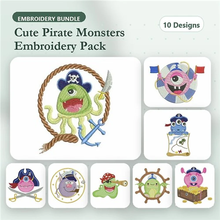 Cute Pirate Monsters Embroidery Designs Bundle – Pirate Monster with Sword, Captain Monster with Map, & More (10 Designs)