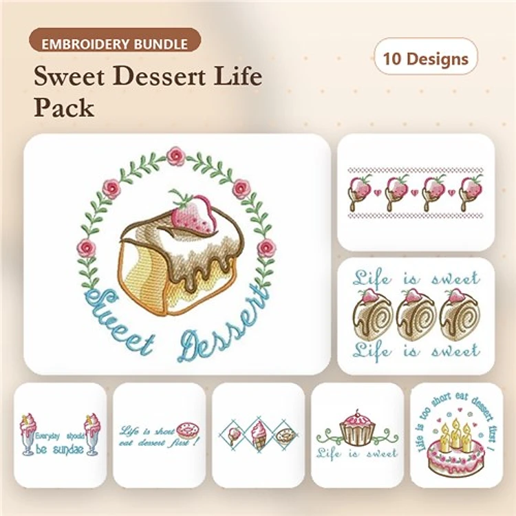 Sweet Treats Embroidery Designs Bundle – Cupcake, Ice Cream Cone, Life is Sweet Quote & More (10 Designs)