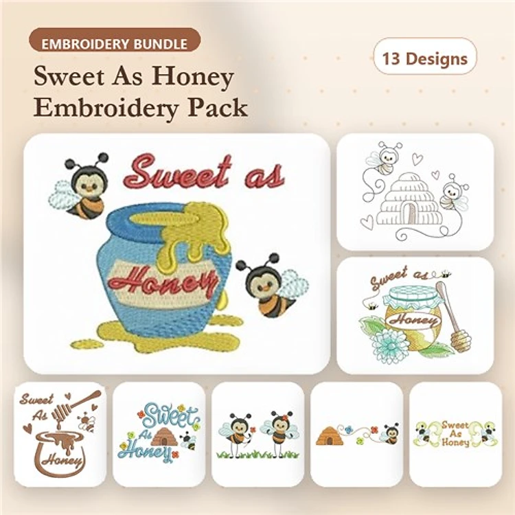 Honey and Bee Experience Embroidery Designs Bundle – Honey Pot, Buzzing Bees, Floral Elements & More (13 Designs)