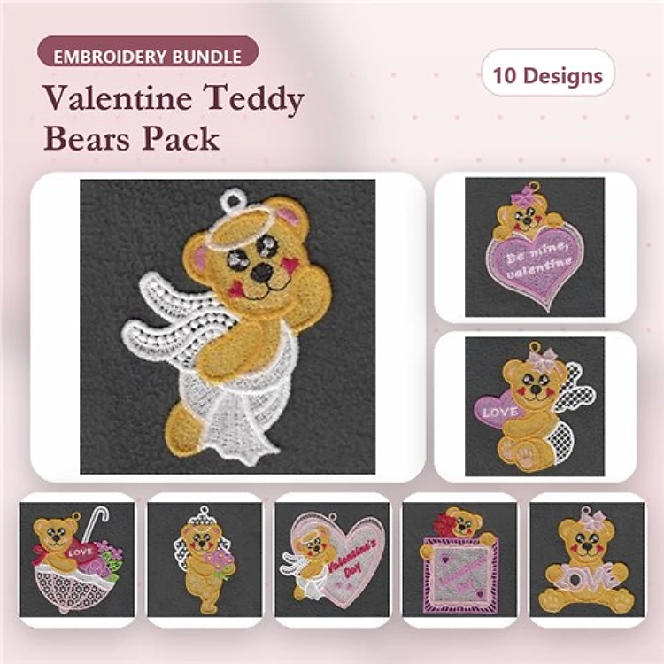 FSL Valentine Teddy Bears Embroidery Designs Bundle – Teddy Bear with Wings, Cherub Teddy Bear, & More (10 Designs)