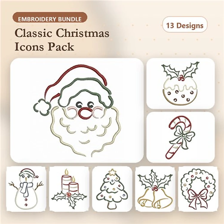 Redwork Classic Christmas Icons Embroidery Bundle – Santa Claus, Holly Leaf, Candy Cane & More (13 Designs)