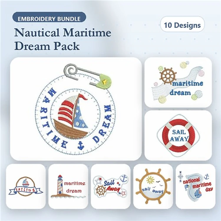 Nautical Themes Embroidery Designs Bundle – Sailboat, Lifebuoy, Ship's Wheel, Anchor & More (10 Designs)