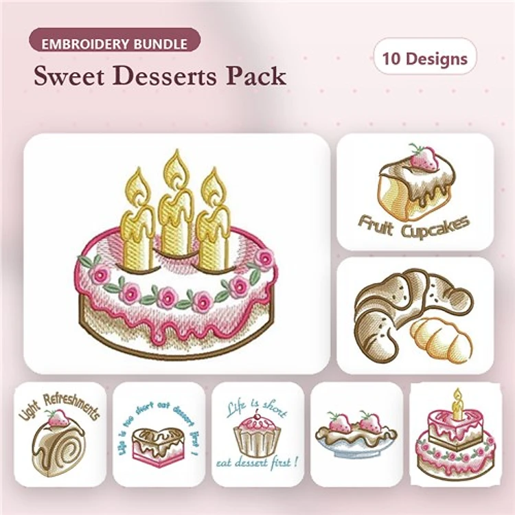 Sweet Desserts Embroidery Bundle – Birthday Cake with Candles, Fruit Cupcakes, Chocolate Roll & More (10 Designs)