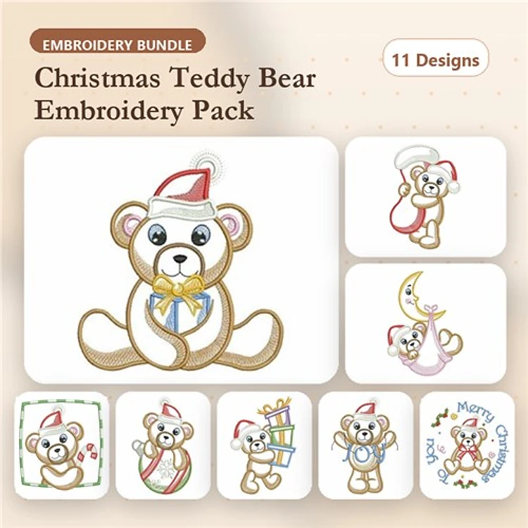 Teddy Bear Christmas Embroidery Designs Bundle – Santa Hat, Present, Candy Cane & More (11 Designs)