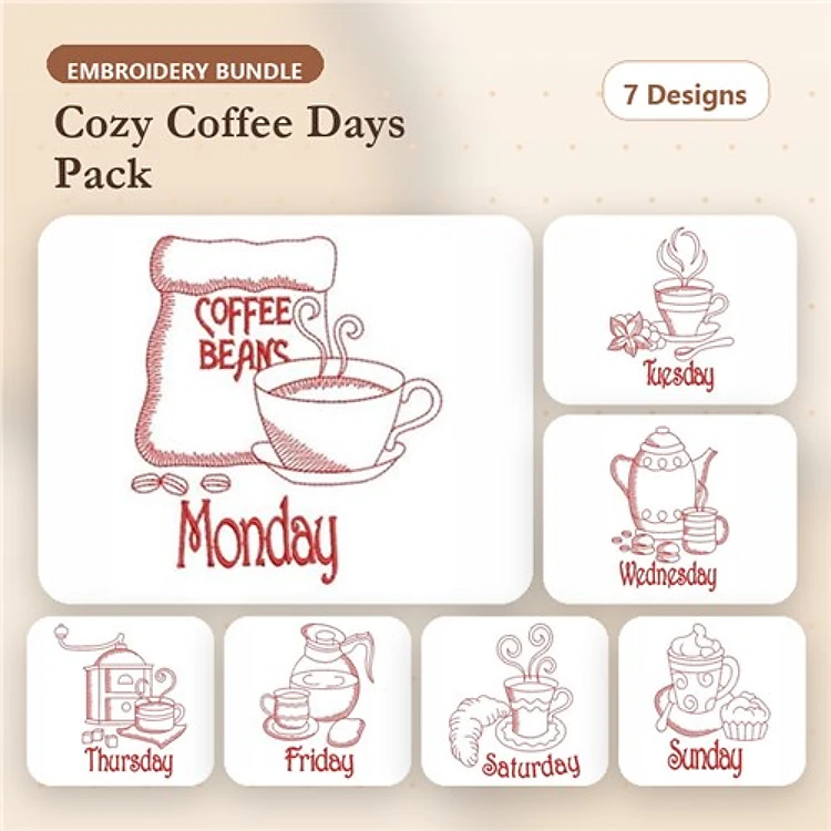 Redwork Coffee-Themed Days Embroidery Designs Bundle – Coffee Beans Monday, Coffee Cup Tuesday, Coffee Pot Wednesday & More (7 Designs)