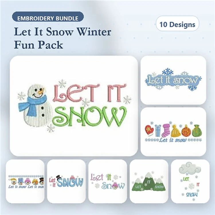 Winter-themed Embroidery Designs Bundle – Snowman, Let It Snow, Snowflakes & More (10 Designs)