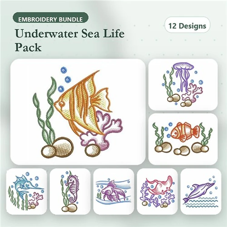 Underwater Sea Life Embroidery Bundle – Goldfish, Clownfish, Jellyfish, Seahorse & More (12 Designs)